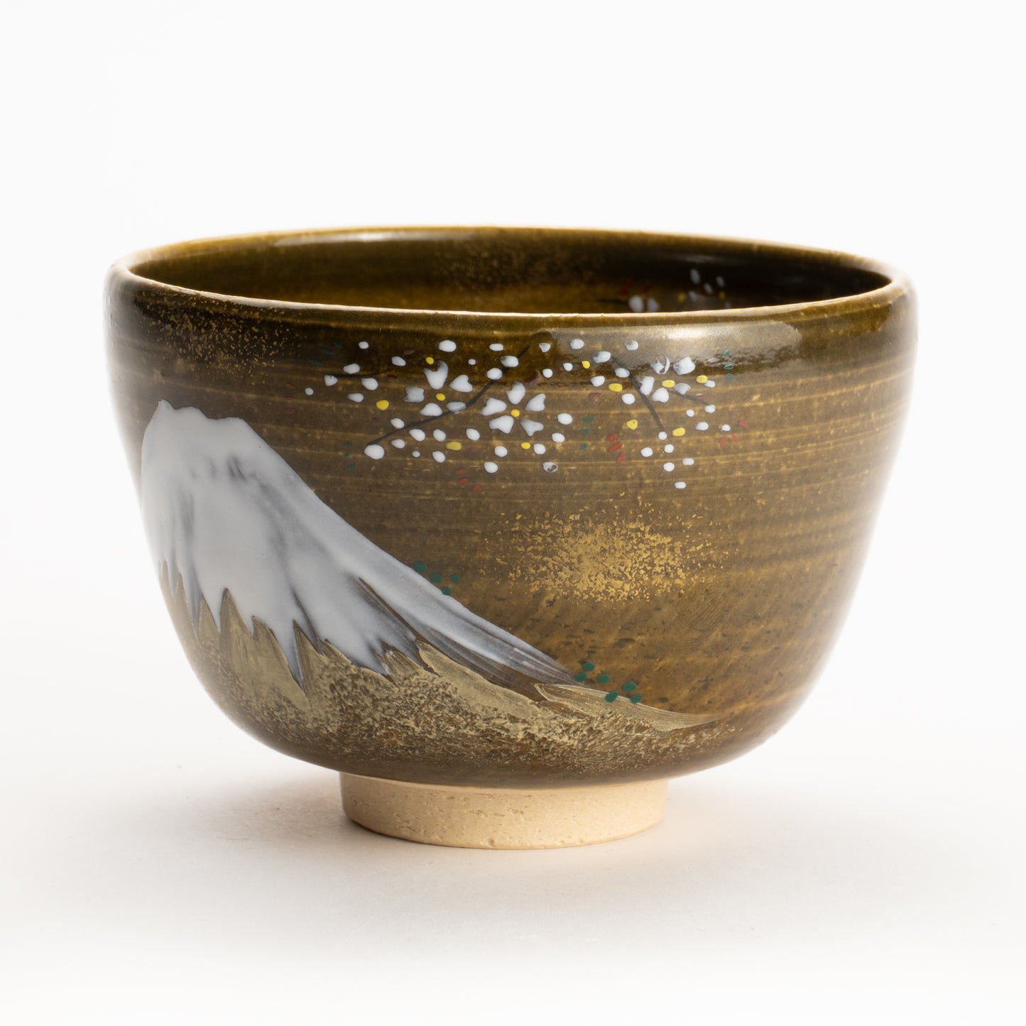 【清水烧】抹茶碗 黑伊罗保釉《富士与樱花》 海峰