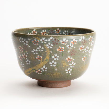 【清水烧】抹茶碗 伊罗保釉 枝垂樱 海峰