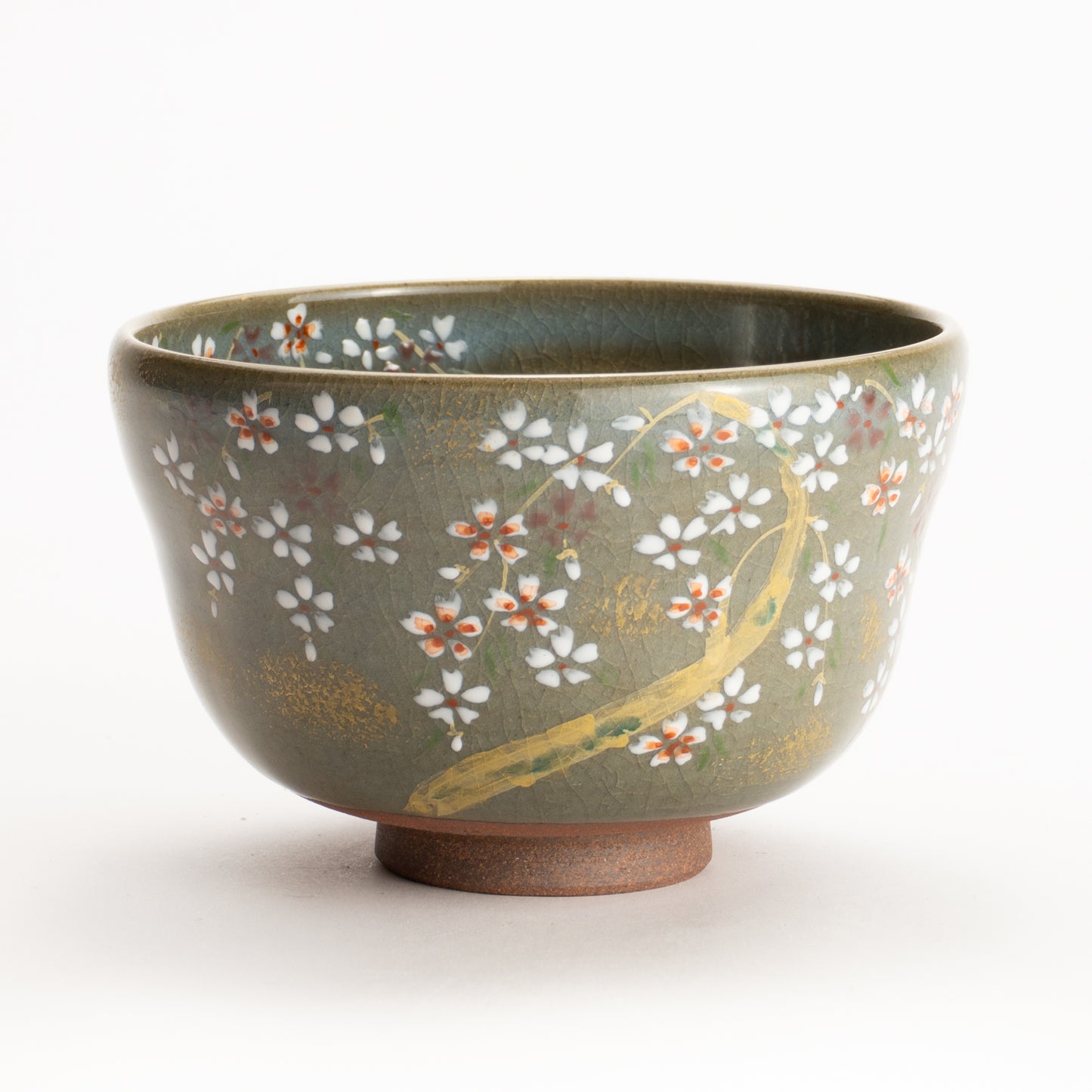 【清水烧】抹茶碗 伊罗保釉 枝垂樱 海峰