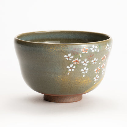 【清水烧】抹茶碗 伊罗保釉 枝垂樱 海峰