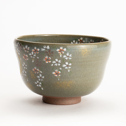 【清水烧】抹茶碗 伊罗保釉 枝垂樱 海峰