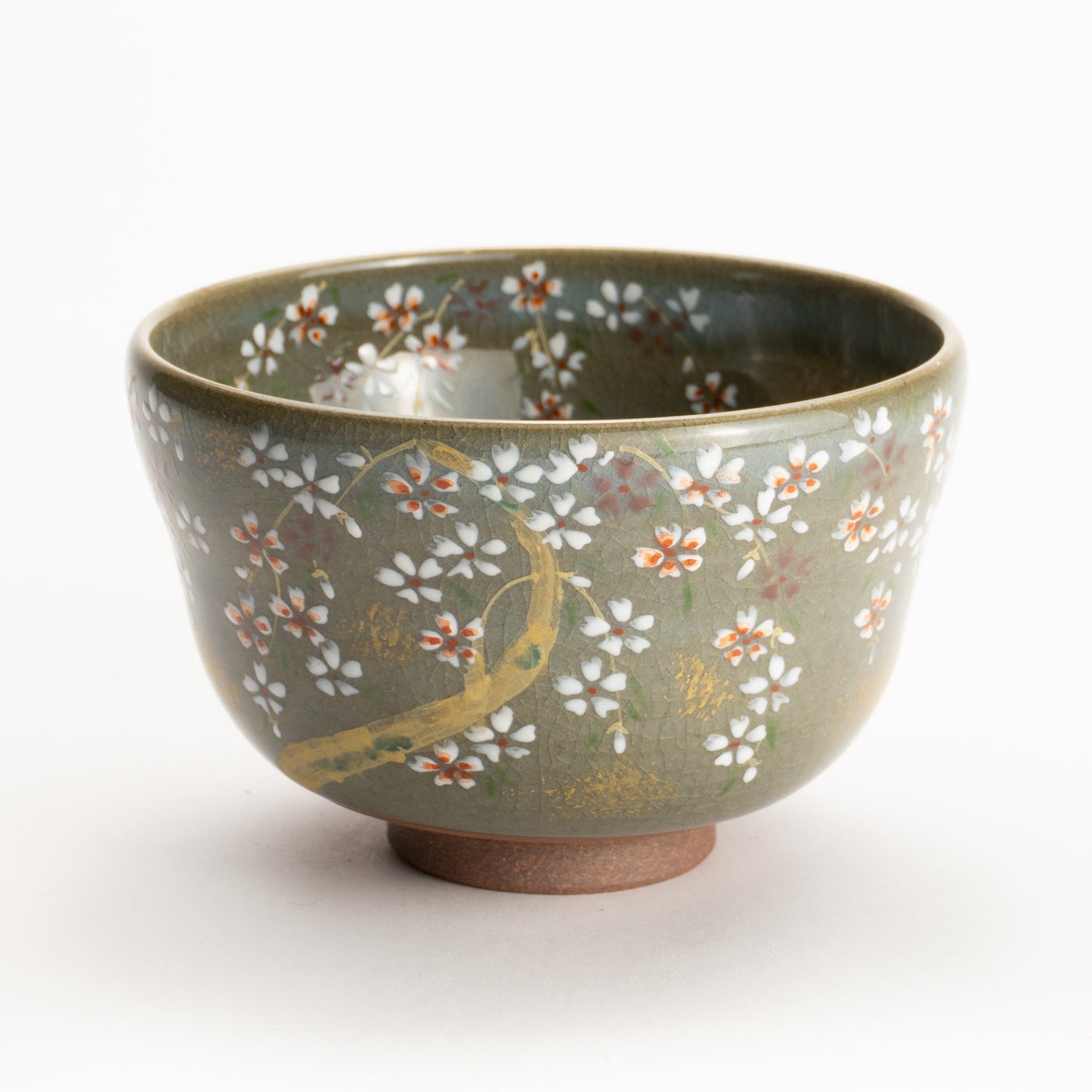 【清水烧】抹茶碗 伊罗保釉 枝垂樱 海峰