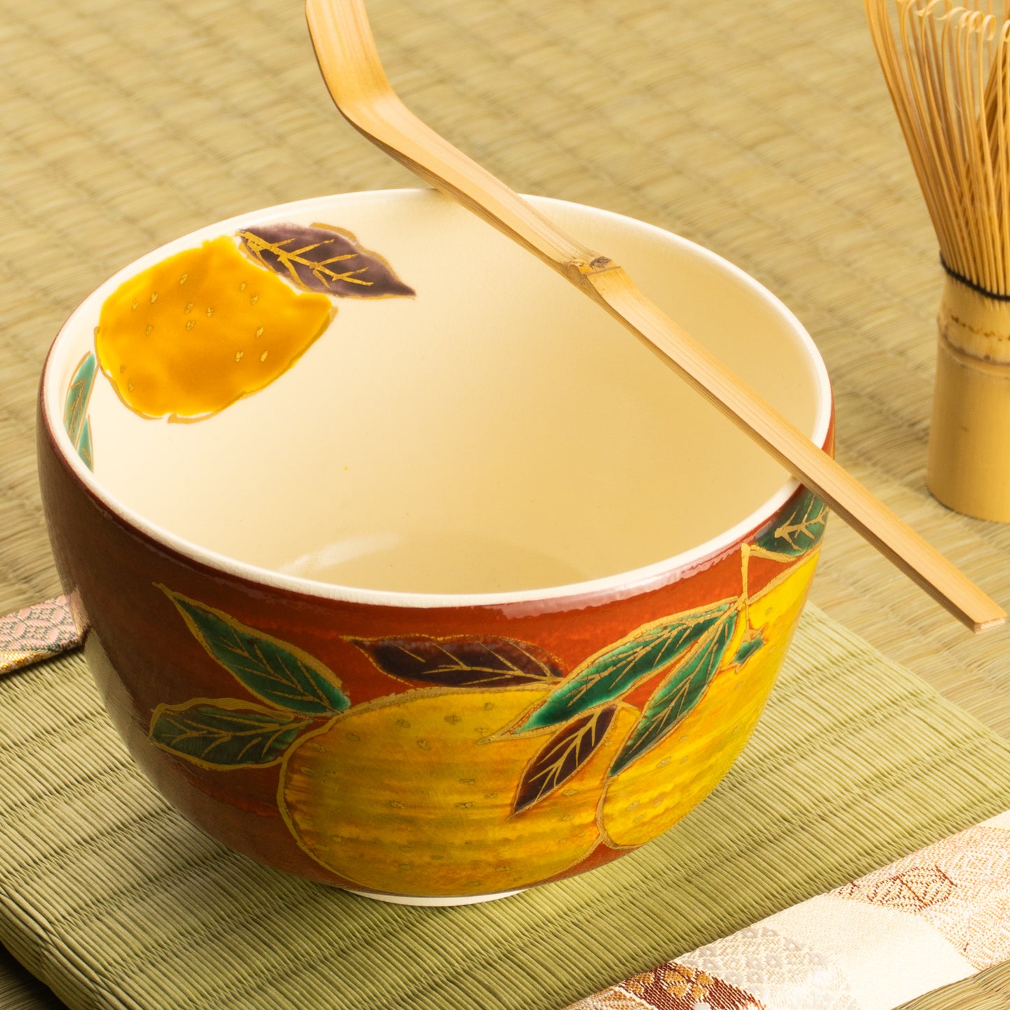 【清水烧】抹茶碗 赤地 柚子 与平