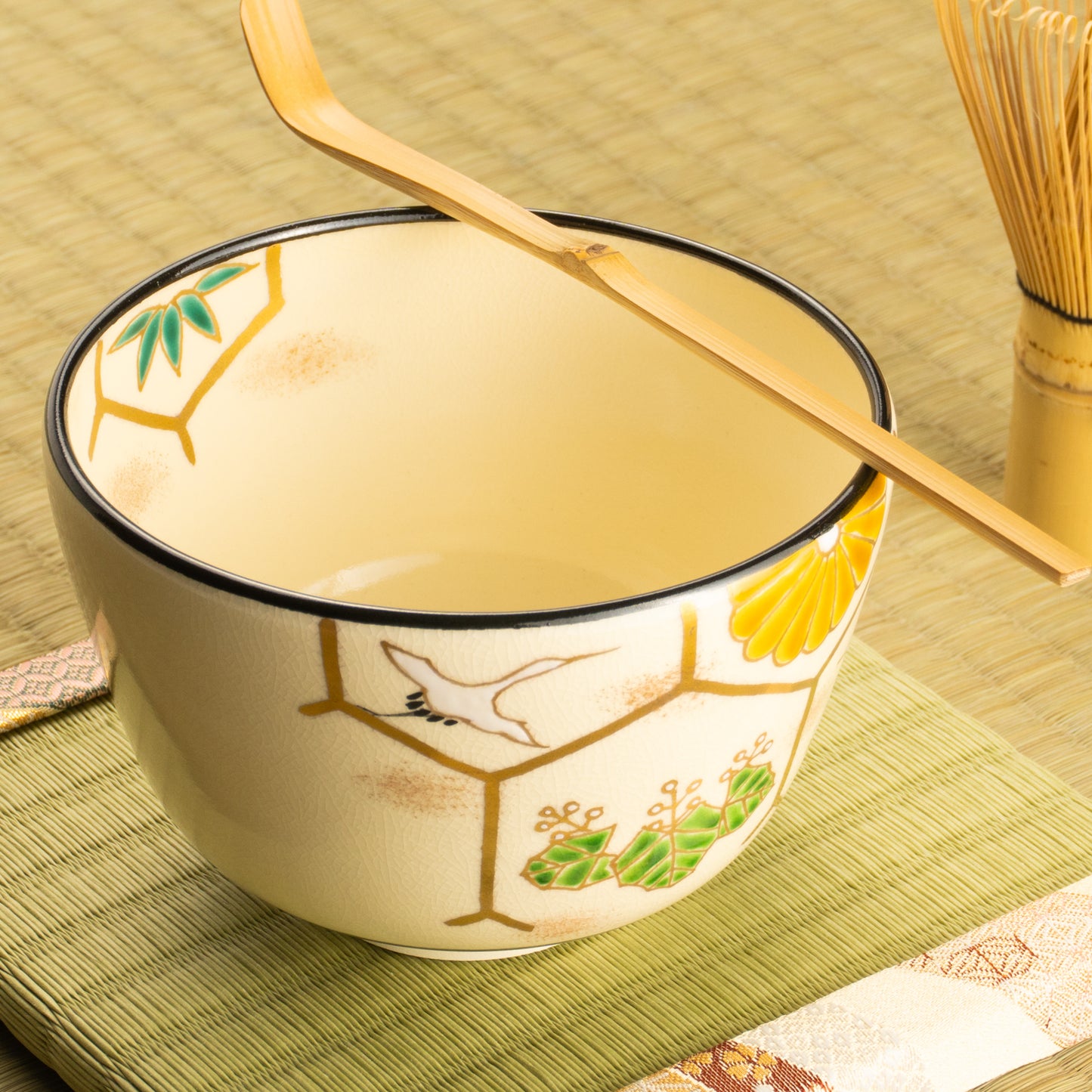 Matcha Bowl – Auspicious Motif “Crane and Tortoise” by Kaihou