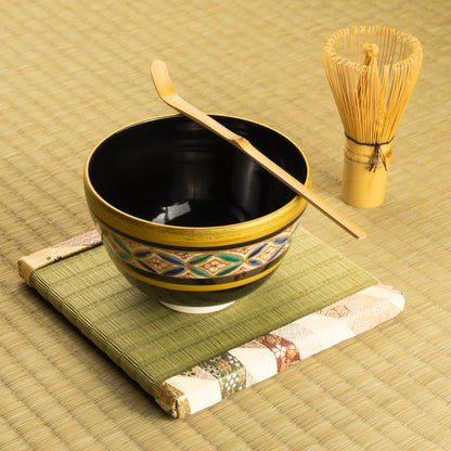 【清水烧】抹茶碗 黑地金彩七宝 海峰