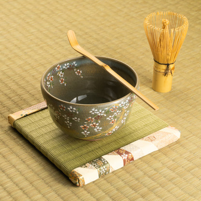 【清水烧】抹茶碗 伊罗保釉 枝垂樱 海峰