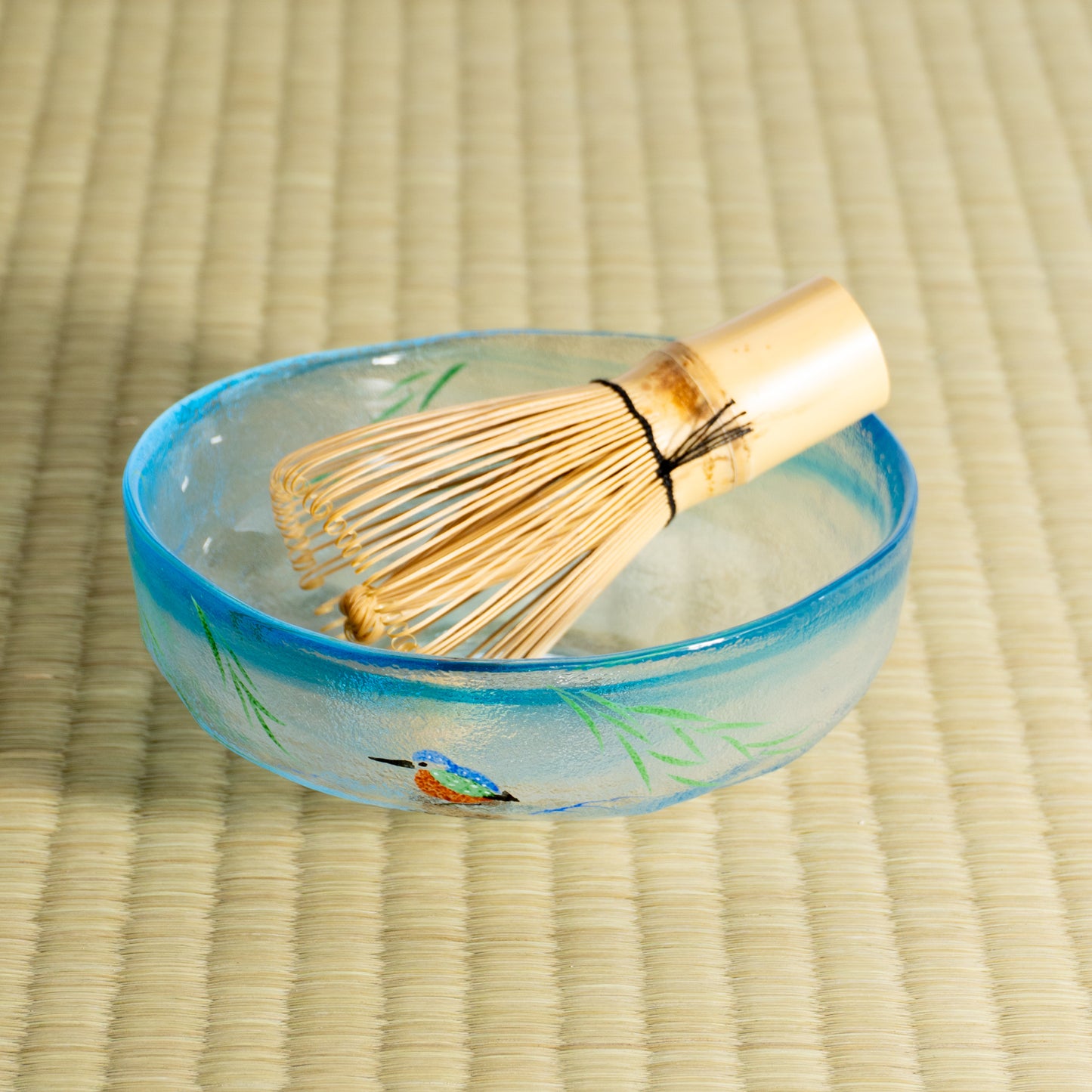 玻璃抹茶碗 柳与翠鸟 海峰