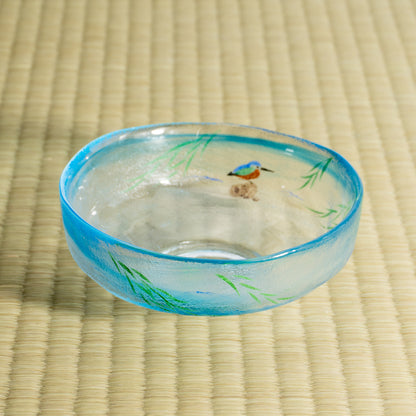 玻璃抹茶碗 柳与翠鸟 海峰