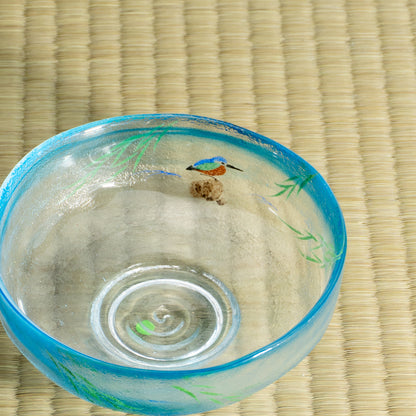 玻璃抹茶碗 柳与翠鸟 海峰