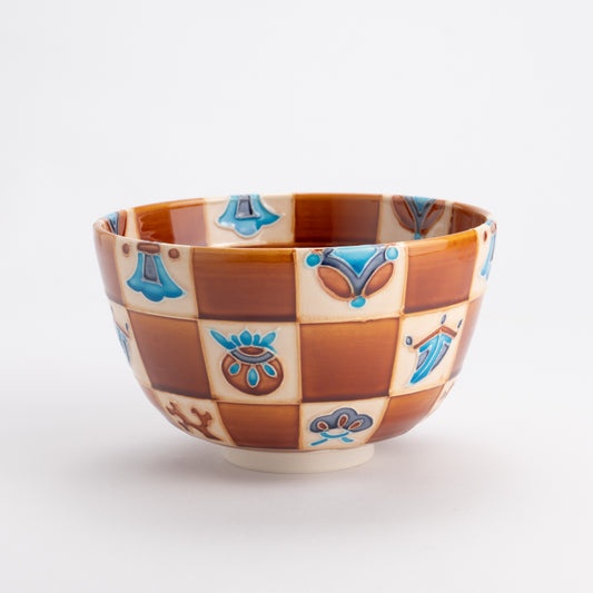抹茶碗 　赤茶交趾　市松宝尽くし　山本一如 - Handcrafted Japanese pottery from Kyoto - Kyo ware / Kiyomizu ware.