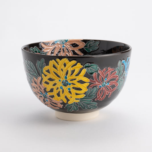 抹茶碗 　紫交趾　菊　山本一如 - Handcrafted Japanese pottery from Kyoto - Kyo ware / Kiyomizu ware.