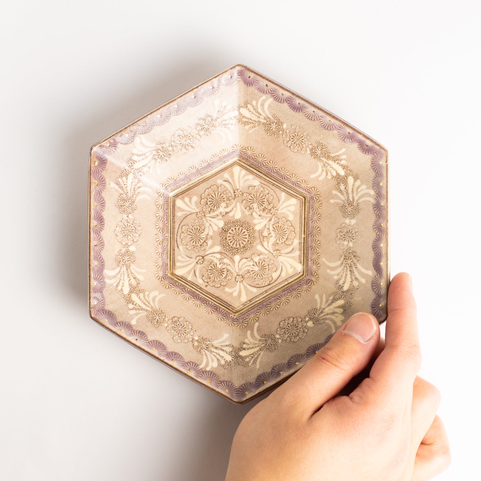 【清水焼】六角小皿　紫彩華紋　陶楽窯 KOTOPOTTER