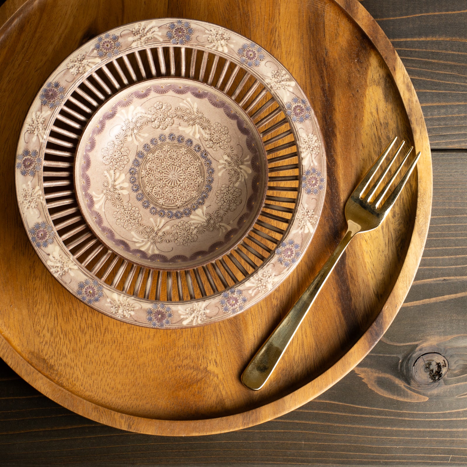 【清水焼】透かし鉢　紫彩華紋B　陶楽窯 KOTOPOTTER