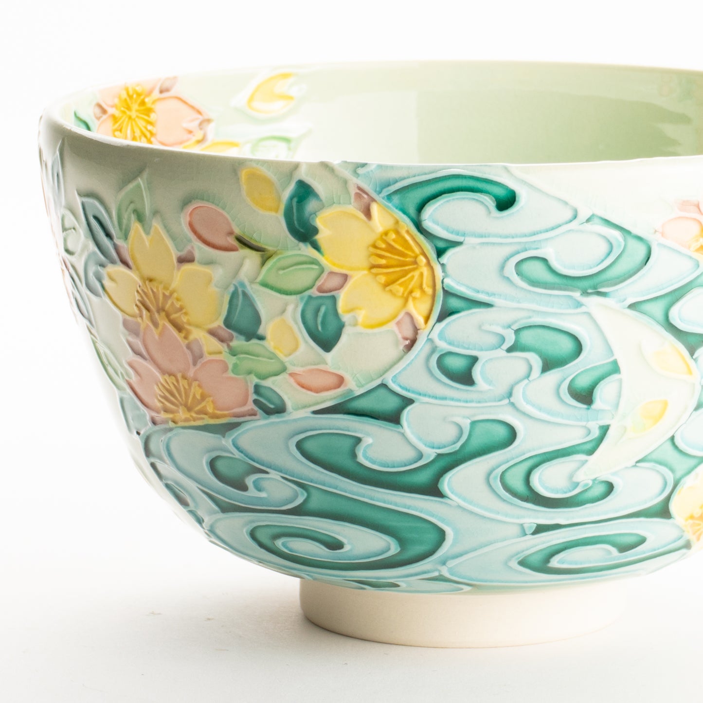 抹茶碗　萌黄交趾 桜に観世水　一如 KOTOPOTTER