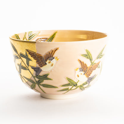 抹茶碗　福良雀に金彩月　一如 KOTOPOTTER