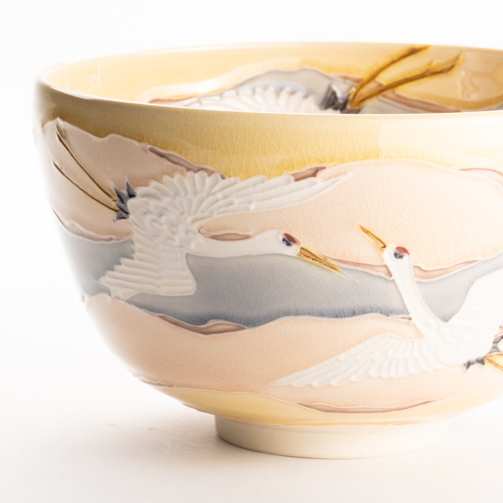 抹茶碗　朝焼けに鶴　一如 KOTOPOTTER