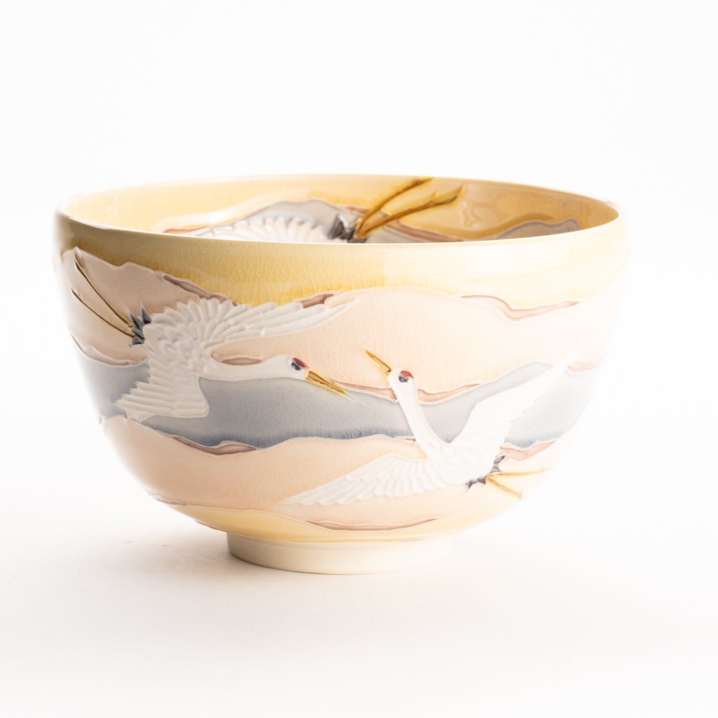 抹茶碗　朝焼けに鶴　一如 KOTOPOTTER