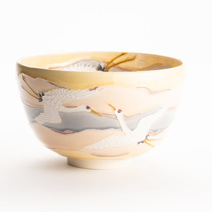 抹茶碗　朝焼けに鶴　一如 KOTOPOTTER