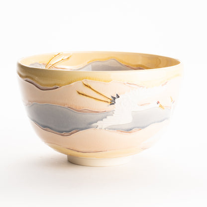 抹茶碗　朝焼けに鶴　一如 KOTOPOTTER