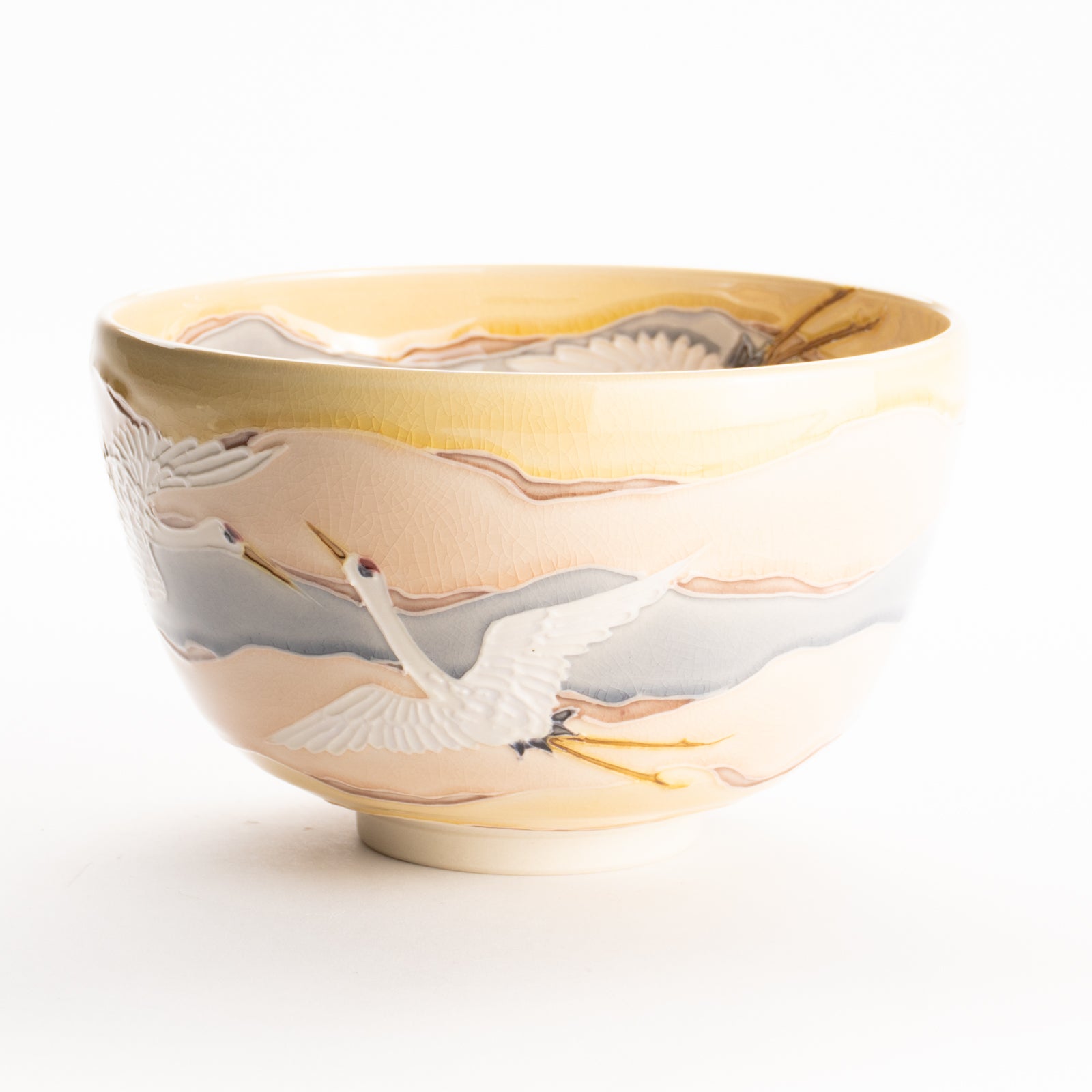 抹茶碗　朝焼けに鶴　一如 KOTOPOTTER