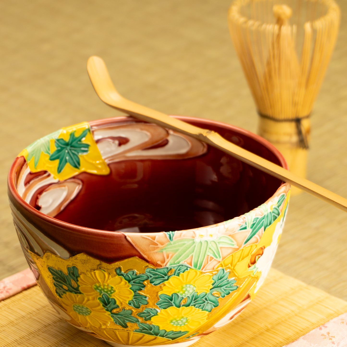 抹茶碗　四季草花扇面　一如 KOTOPOTTER