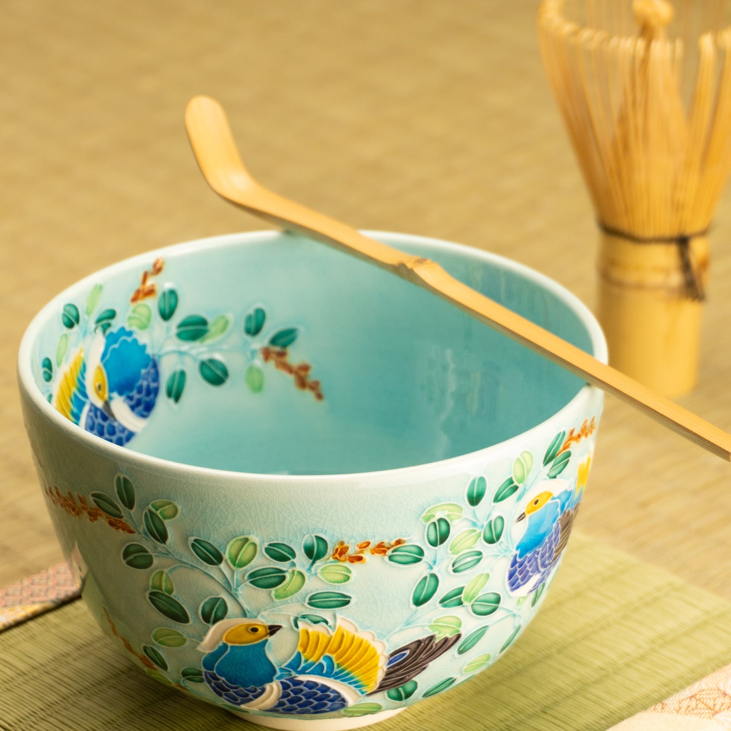 抹茶碗　淡浅黄"オシドリと萩"　一如 KOTOPOTTER