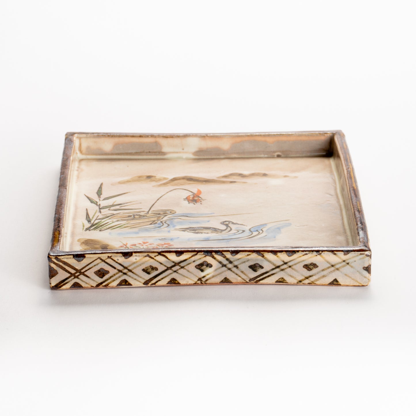 【清水焼】角皿　乾山写「常夏に鵜」　俊山窯 KOTOPOTTER