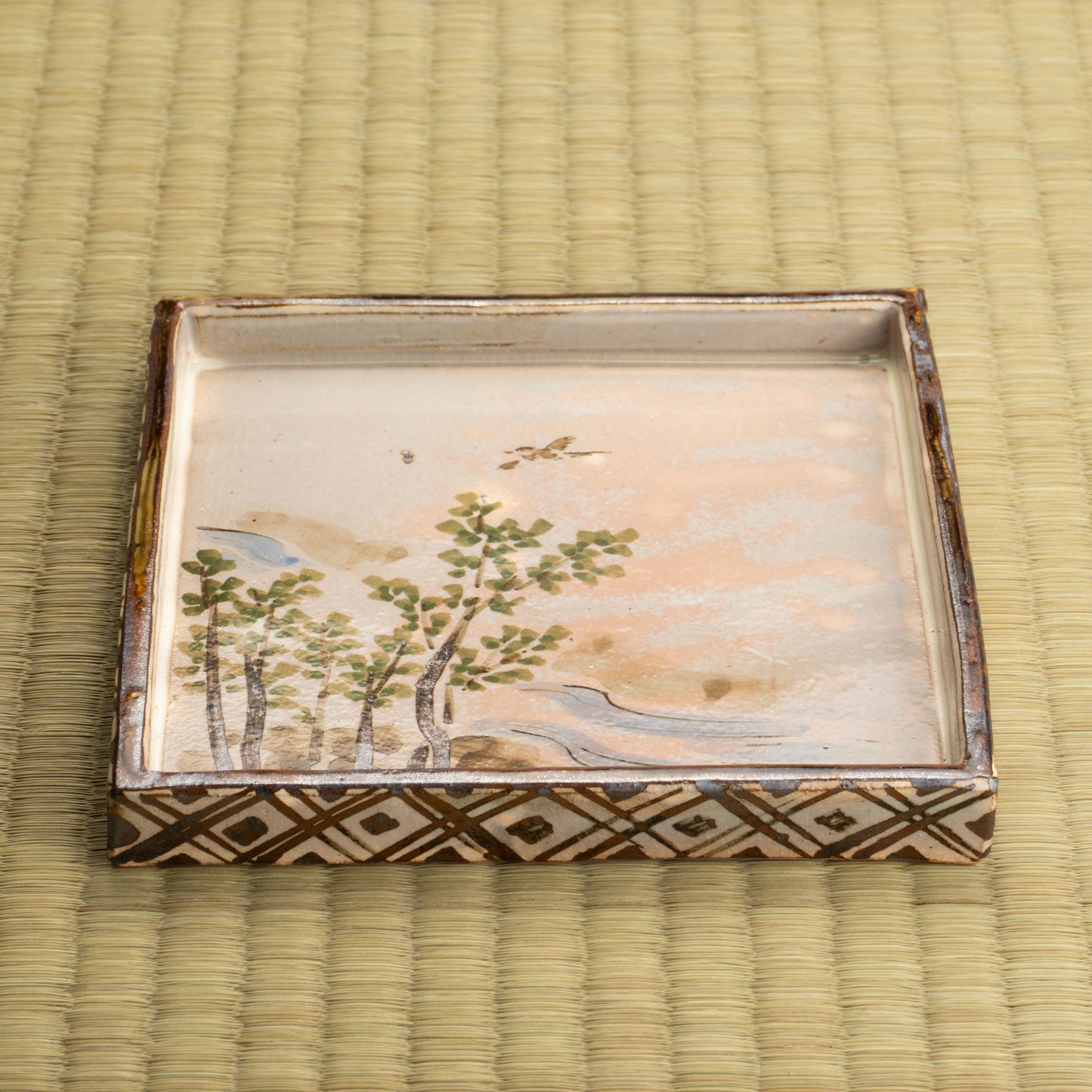 【清水焼】角皿　乾山写「卯木に郭公」　俊山窯 KOTOPOTTER