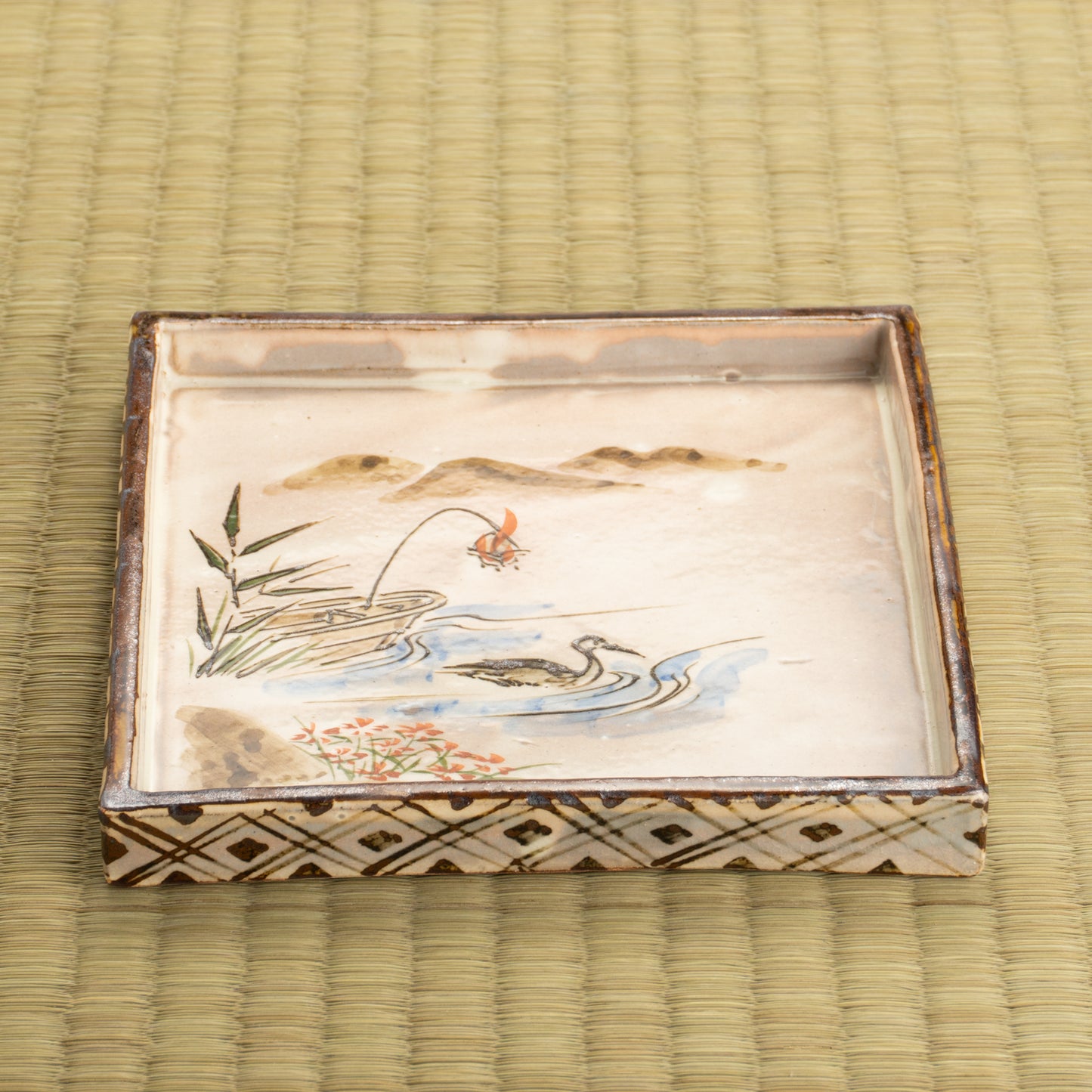 【清水焼】角皿　乾山写「常夏に鵜」　俊山窯 KOTOPOTTER