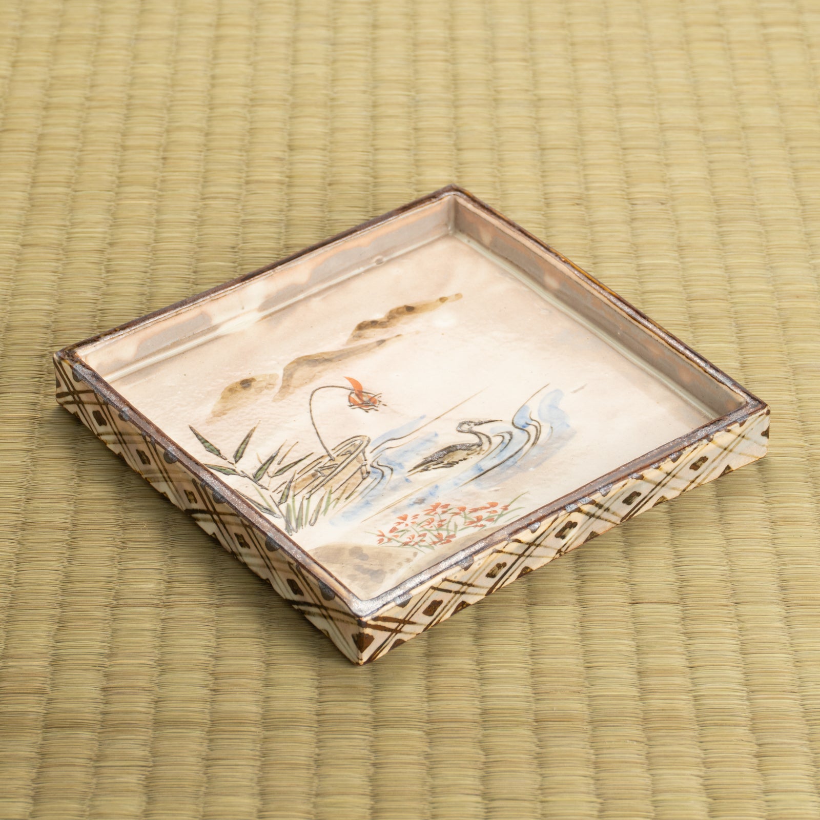 【清水焼】角皿　乾山写「常夏に鵜」　俊山窯 KOTOPOTTER