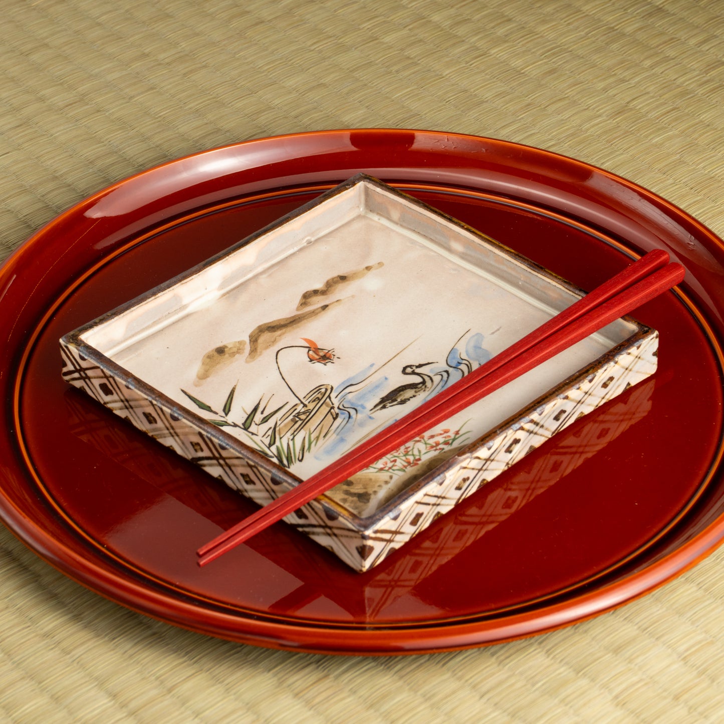 【清水焼】角皿　乾山写「常夏に鵜」　俊山窯 KOTOPOTTER