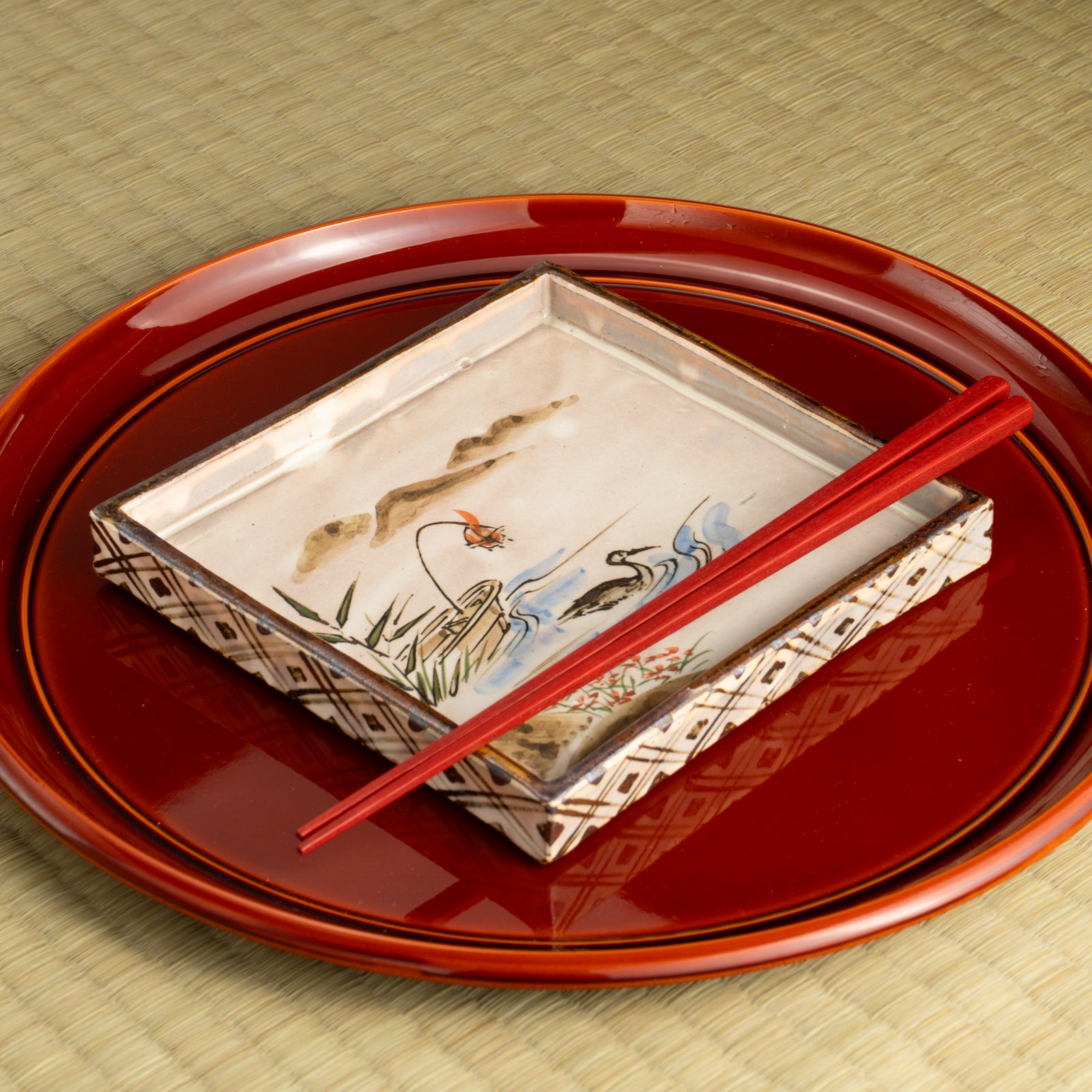 【清水焼】角皿　乾山写「常夏に鵜」　俊山窯 KOTOPOTTER