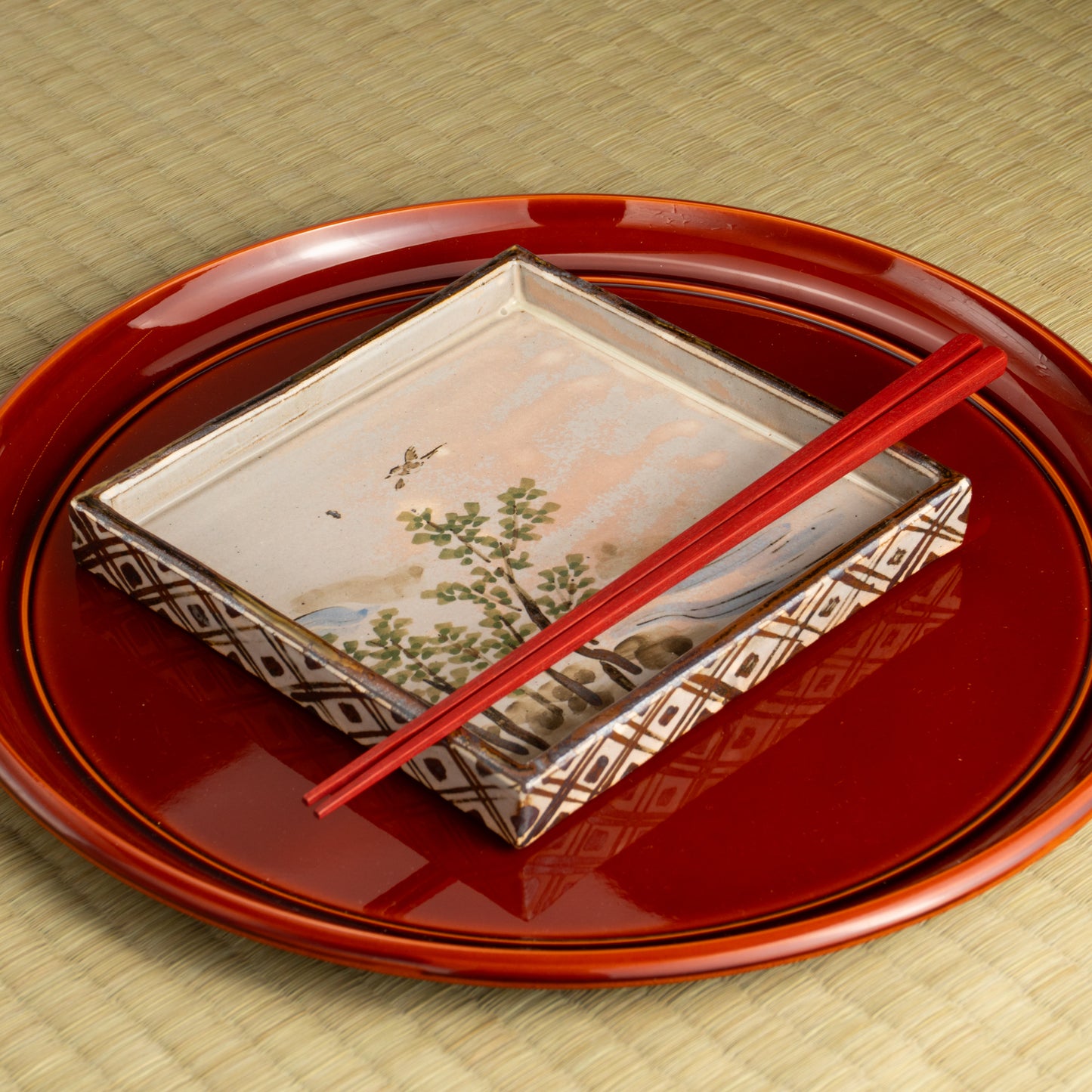 【清水焼】角皿　乾山写「卯木に郭公」　俊山窯 KOTOPOTTER