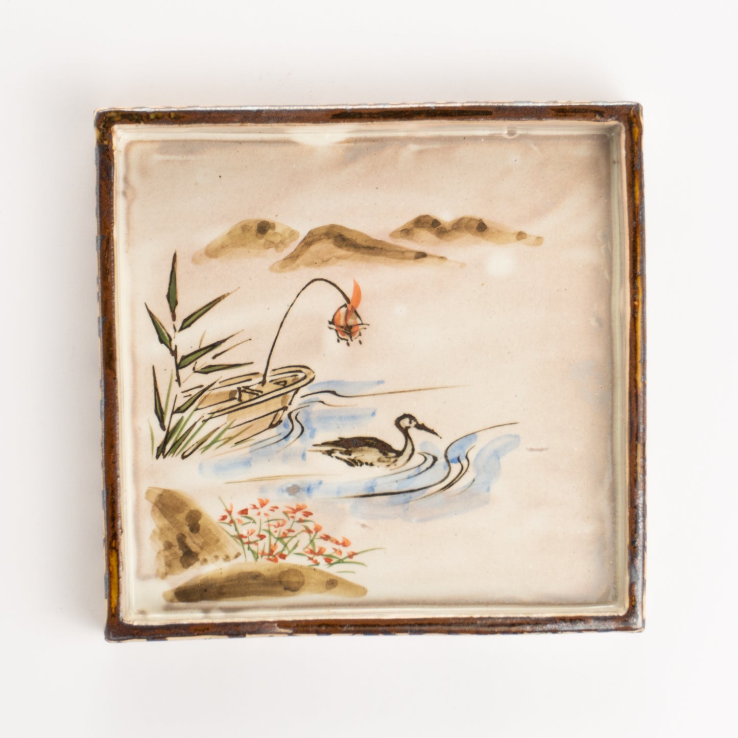 【清水焼】角皿　乾山写「常夏に鵜」　俊山窯 KOTOPOTTER