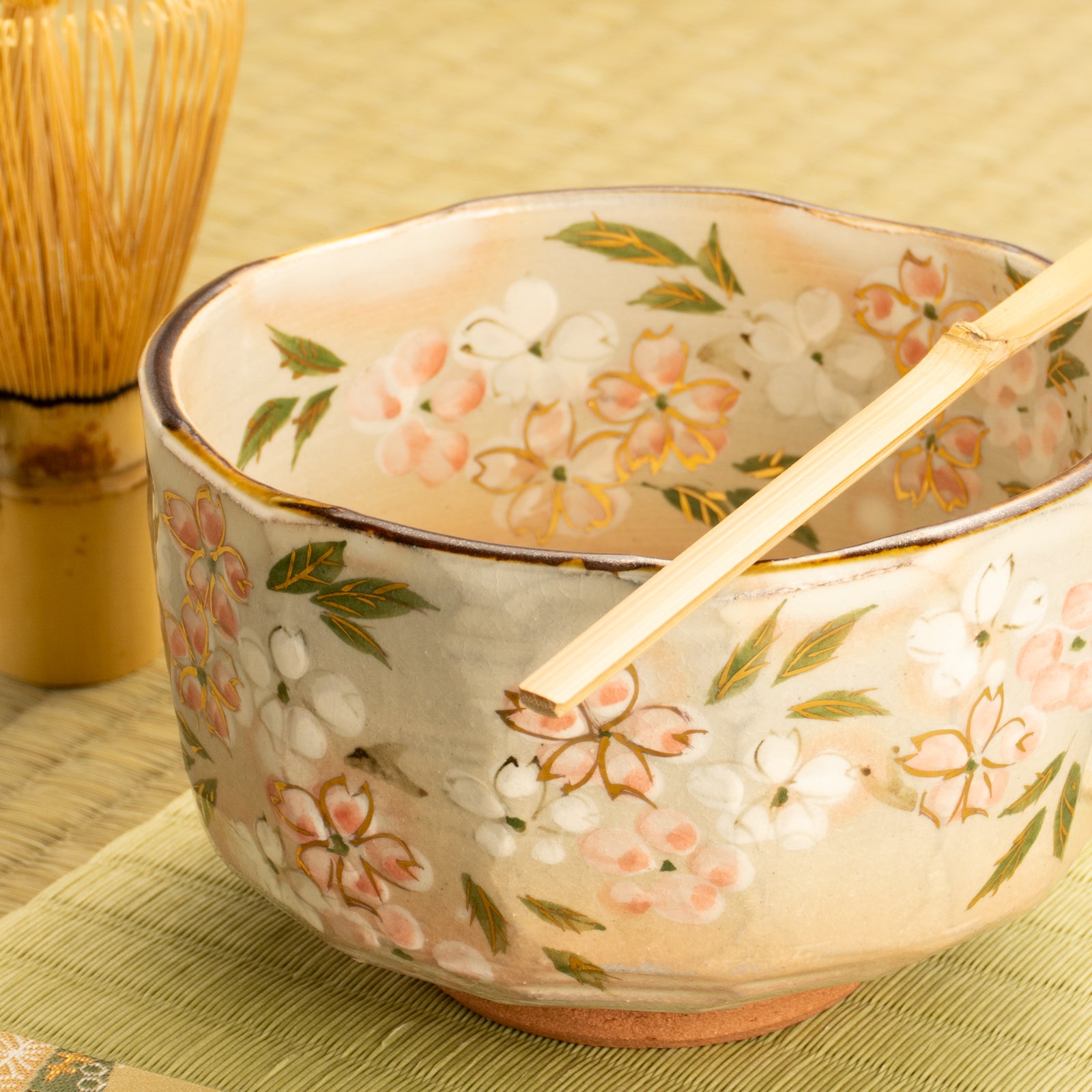 楽入窯　吉村楽入作　京焼・楽焼　抹茶茶碗　桜　茶盌　&　吐月峯 茶道具セット 京焼 清水焼 抹茶碗 宵桜(よいざくら) 楽入窯 陶器 共箱