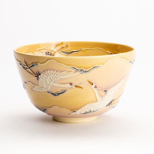 抹茶碗　朝焼けに鶴　一如 KOTOPOTTER