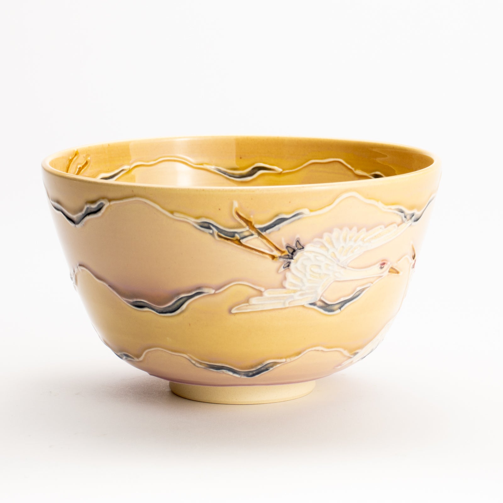 抹茶碗　朝焼けに鶴　一如 KOTOPOTTER