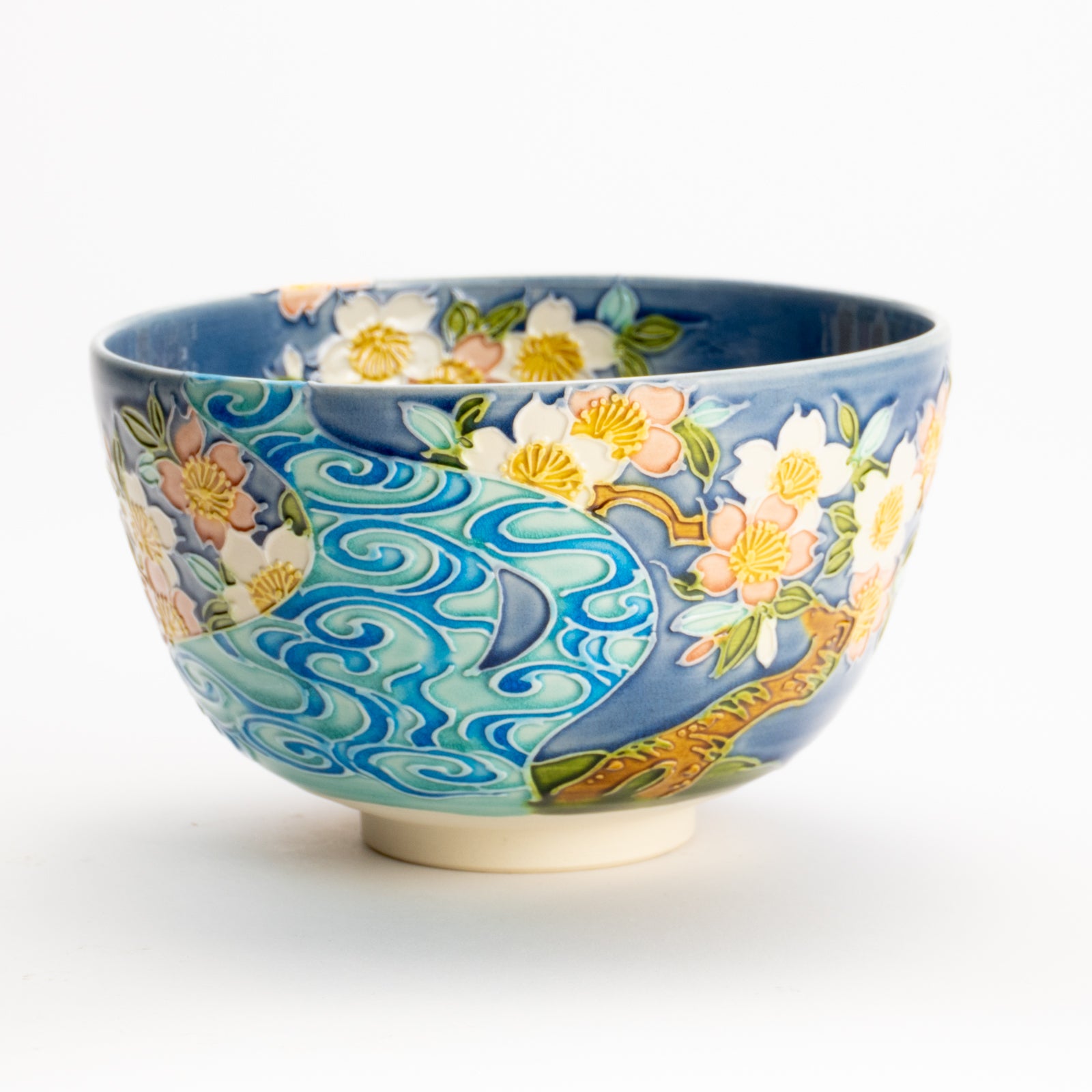 京都 清水焼】抹茶碗 紺交趾 桜に観世水 一如｜コトポッター