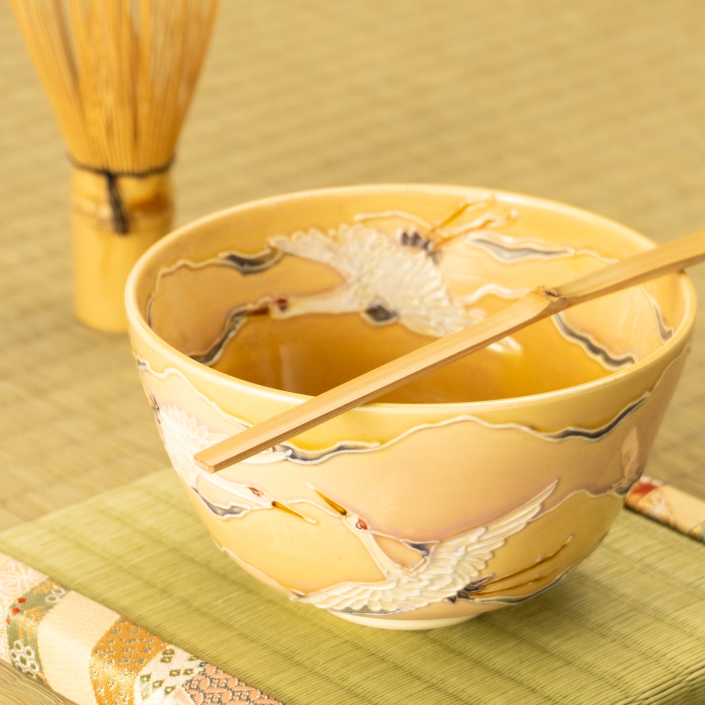 抹茶碗　朝焼けに鶴　一如 KOTOPOTTER