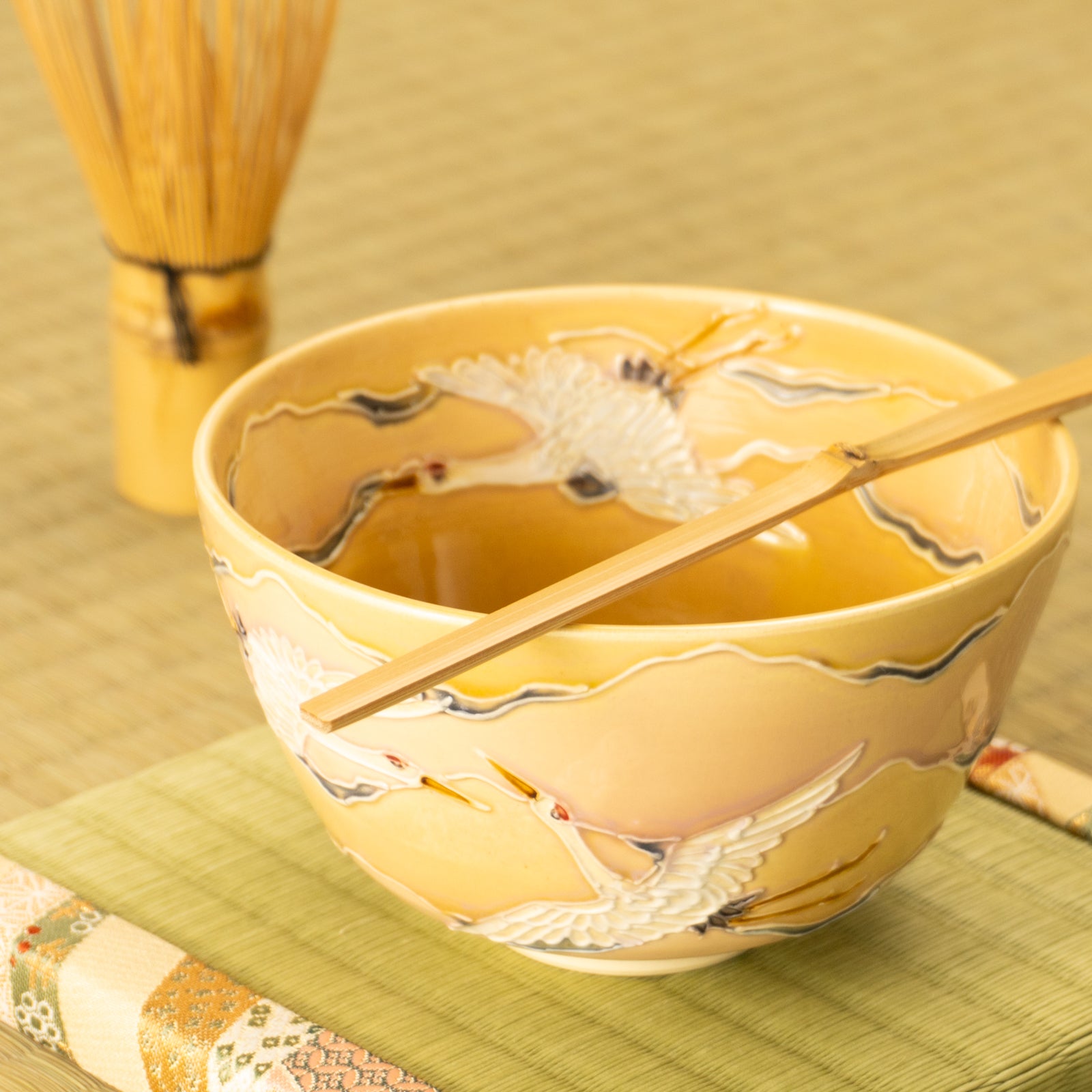 抹茶碗　朝焼けに鶴　一如 KOTOPOTTER