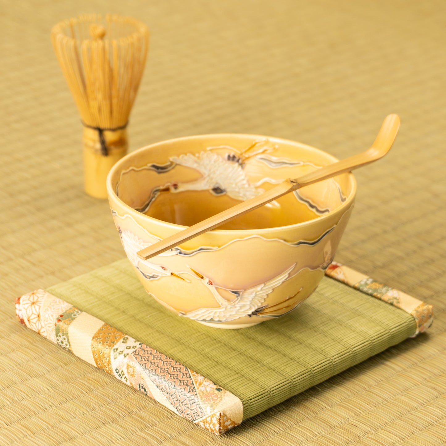 抹茶碗　朝焼けに鶴　一如 KOTOPOTTER