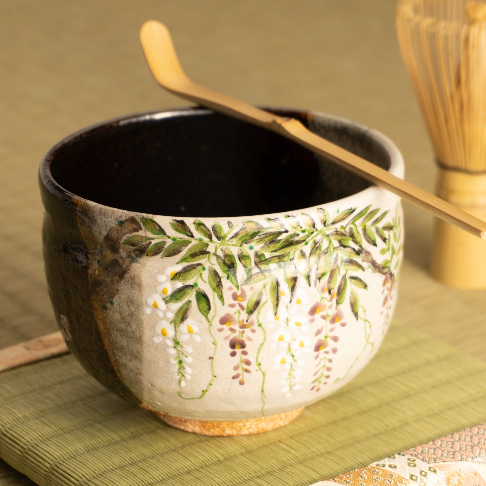 京都清水烧抹茶碗灰釉挂分藤花绘｜中村良二｜KOTOPOTTER