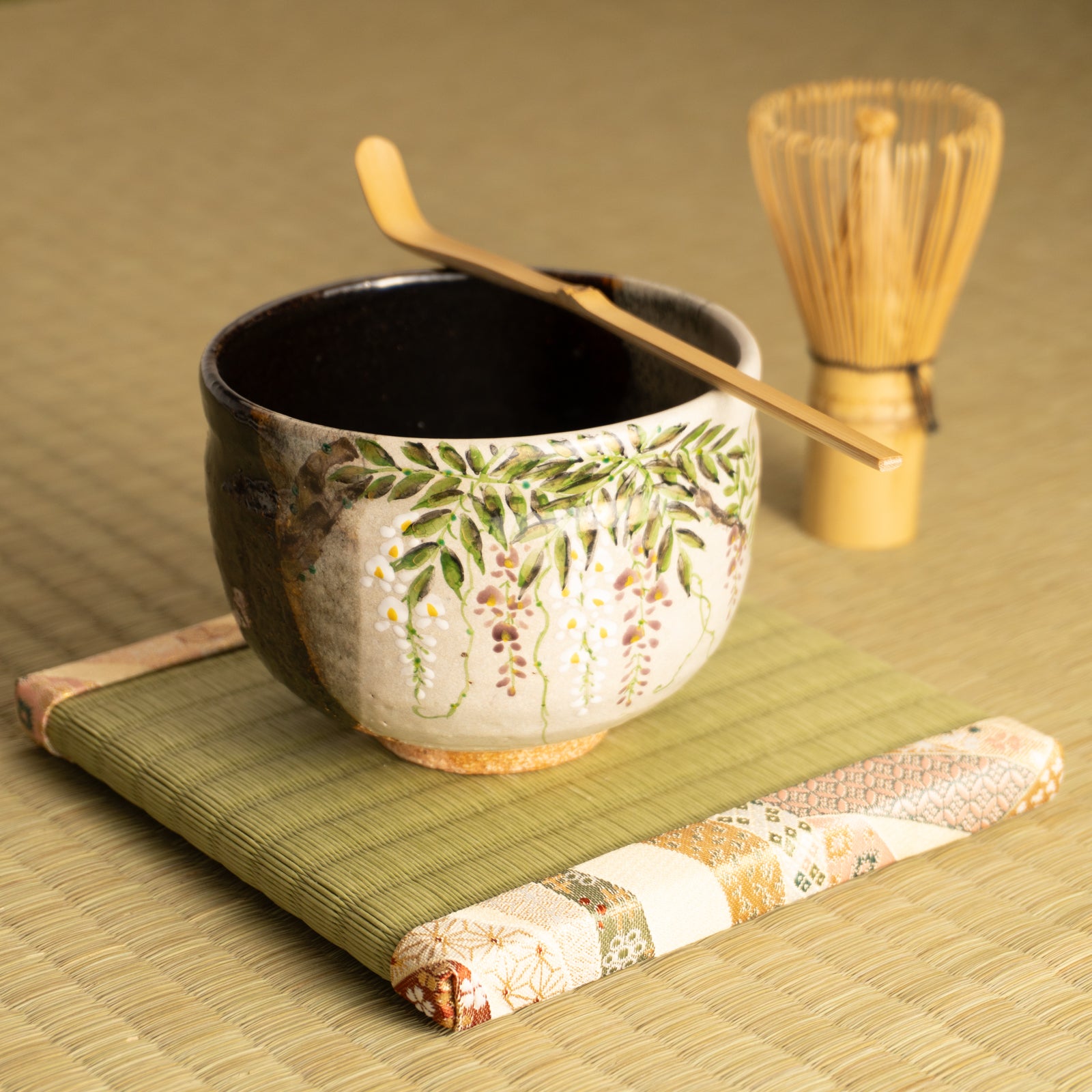 京都清水烧抹茶碗灰釉挂分藤花绘｜中村良二｜KOTOPOTTER