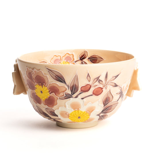 抹茶碗　淡桃交趾ハマナス - Handcrafted Japanese pottery from Kyoto - Kyo ware / Kiyomizu ware.