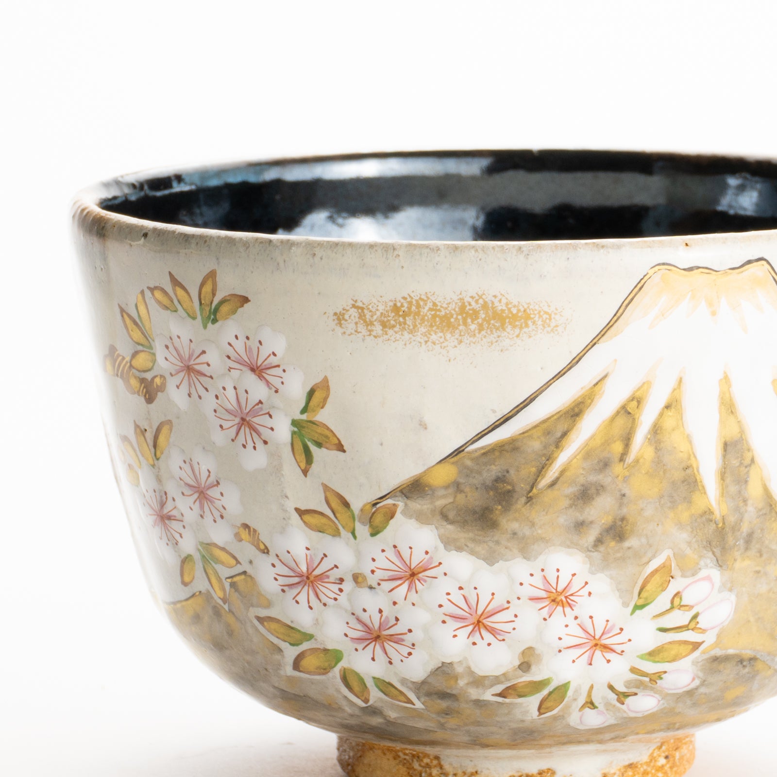 京都清水烧抹茶碗灰釉挂分富士与樱花｜良二｜KOTOPOTTER