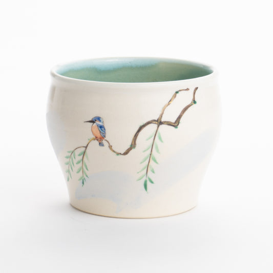 一服碗　柳にカワセミ 見谷若葉 - Handcrafted Japanese pottery from Kyoto - Kyo ware / Kiyomizu ware.