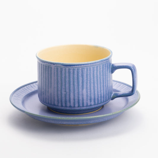 カップ&ソーサー　青紫釉 鎬　平安楽堂 - Handcrafted Japanese pottery from Kyoto - Kyo ware / Kiyomizu ware.