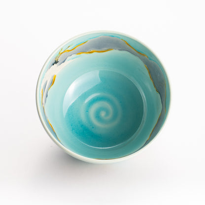 抹茶碗　淡青交趾 "朝焼けに鶴"　一如 KOTOPOTTER