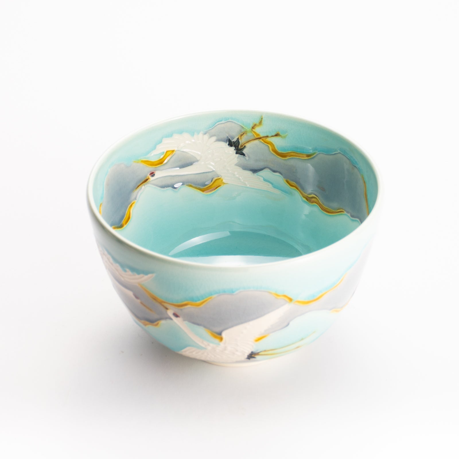 抹茶碗　淡青交趾 "朝焼けに鶴"　一如 KOTOPOTTER