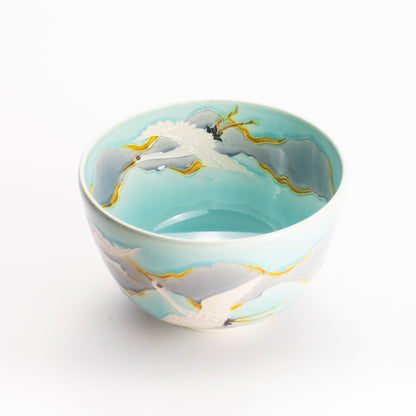 抹茶碗　淡青交趾 "朝焼けに鶴"　一如 KOTOPOTTER